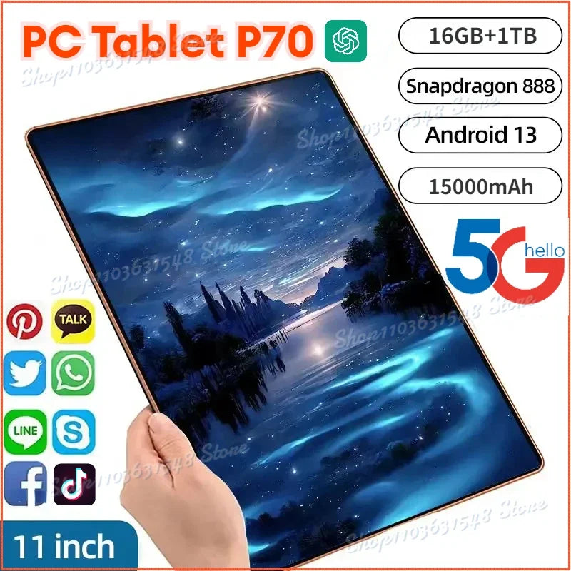 Computador Tablet Android P70 Versão Global, Dual SIM, 10 Core, Bluetooth, Rede PC, 12", 16GB + 1TB, 14.0, 20000 m Ah, 5G, 2024