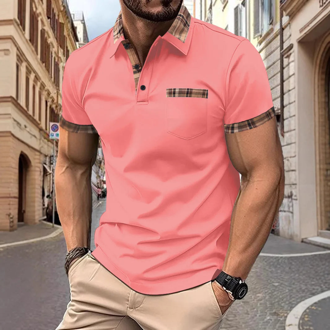 Camisa polo masculina, top esportiva, casual, confortável, de verão, manga curta, com retalhos, de cor sólida, e bolsos falsos