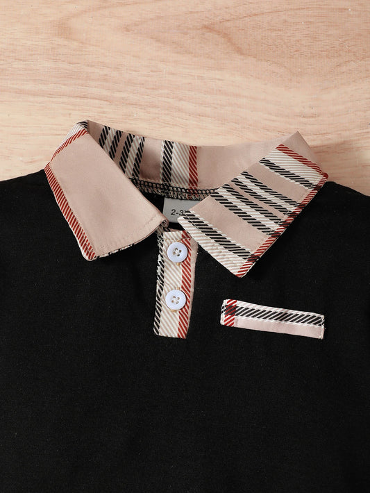 Conjunto infantil para meninos, 2 peças, 1-6 anos de idade, colarinho, top e shorts xadrez, casual