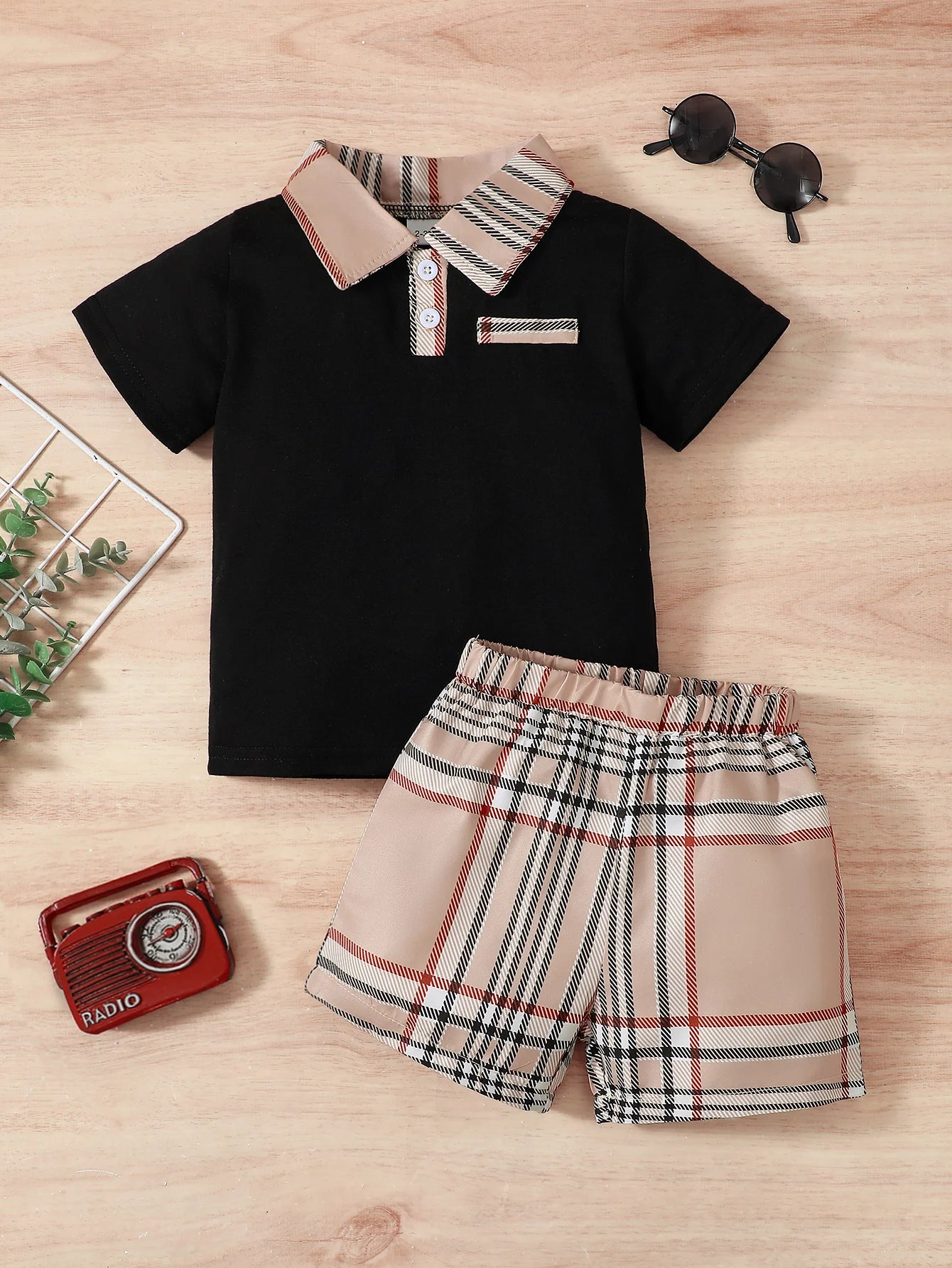 Conjunto infantil para meninos, 2 peças, 1-6 anos de idade, colarinho, top e shorts xadrez, casual