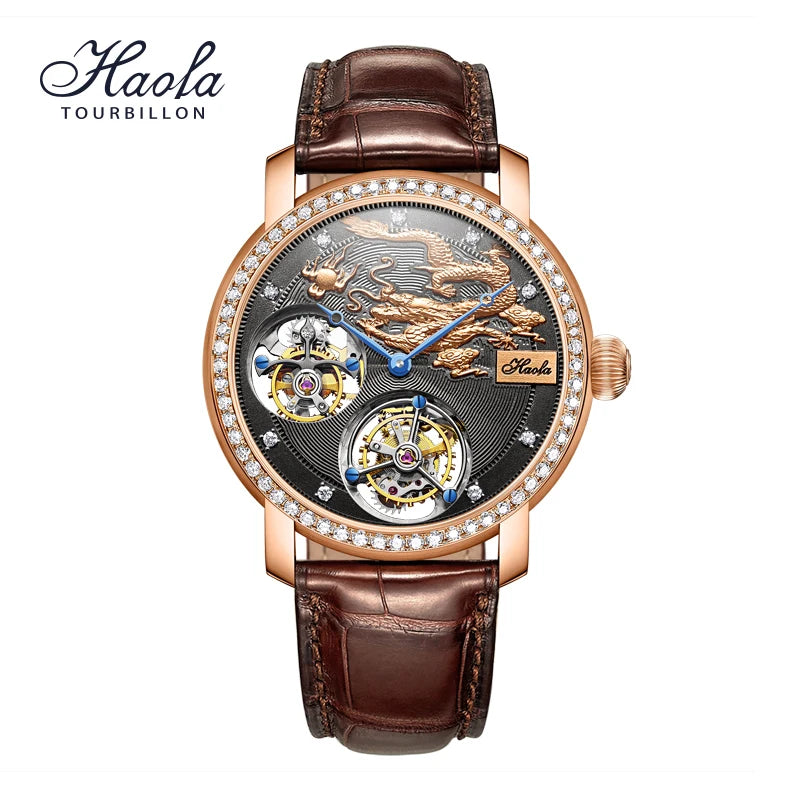 Relógio Masculino Safira K002 Luxo 18K Ouro Duplo Tourbillon Movimento Esqueleto Relógio Masculino Manual Mecânico Diamante Rosa