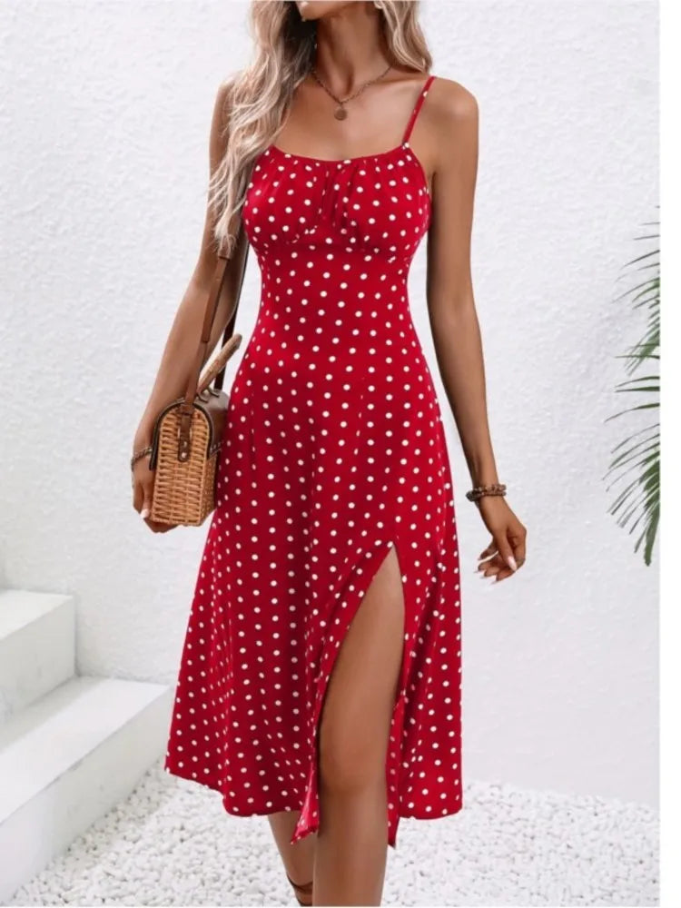 Vestido de Verão, Sexy, Com Alças Finas, Moda Feminina, Estampa de Bolinhas, Sem Mangas, Fenda, Boho, Casual, Midi