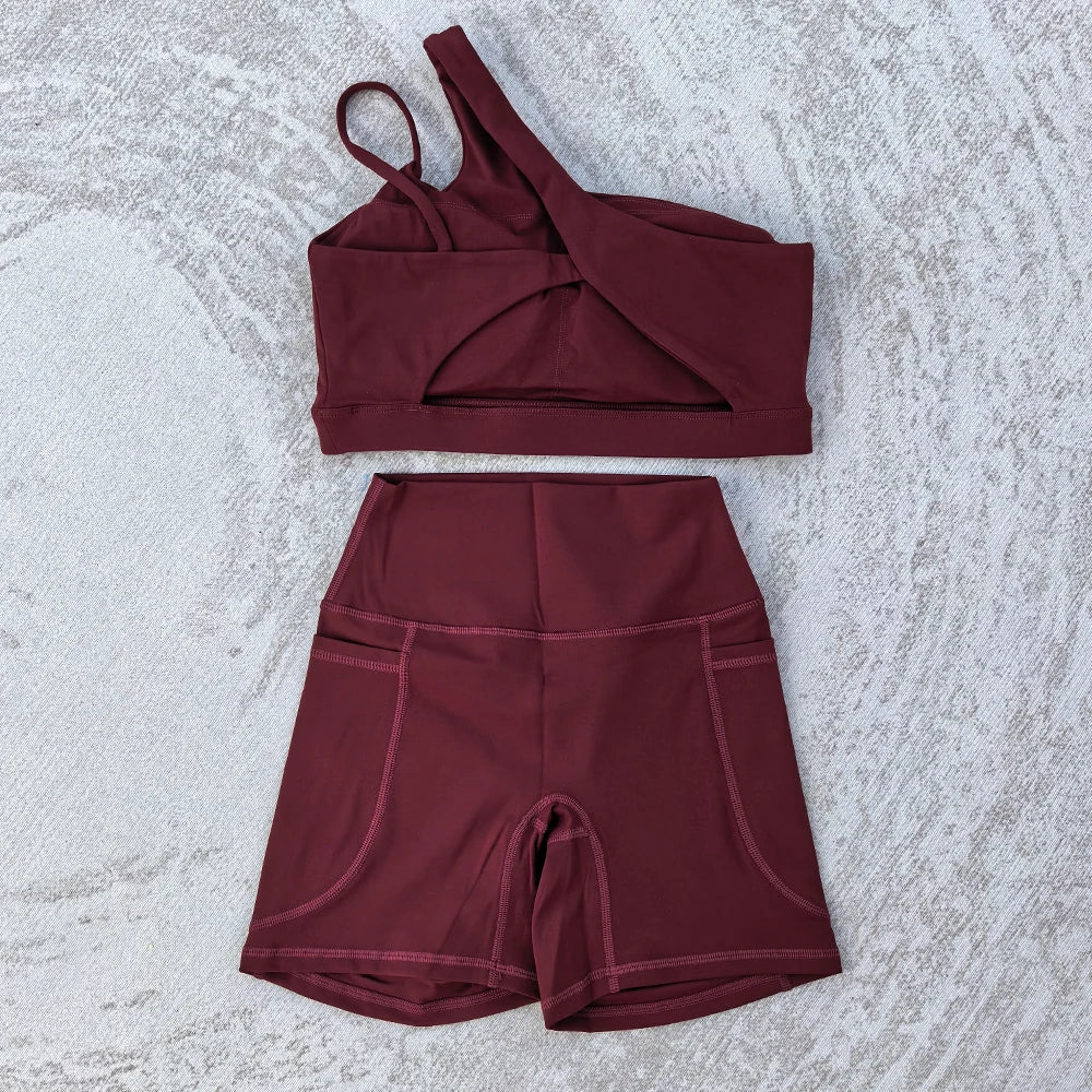 Conjunto feminino sexy, 2 pçs, sutiã esportivo e shorts com bolso, cintura alta, esportes, yoga, treino, sporstwear