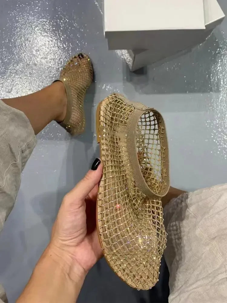 Sandálias feminina tamanho grande, fundo de borracha, estilo romano, cristal embel, verão, dedo do pé redondo, plana, oco