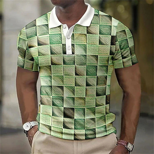 Camisa polo masculina, com botão, Impressão 3d geometria xadrez gráfico, verão, manga curta