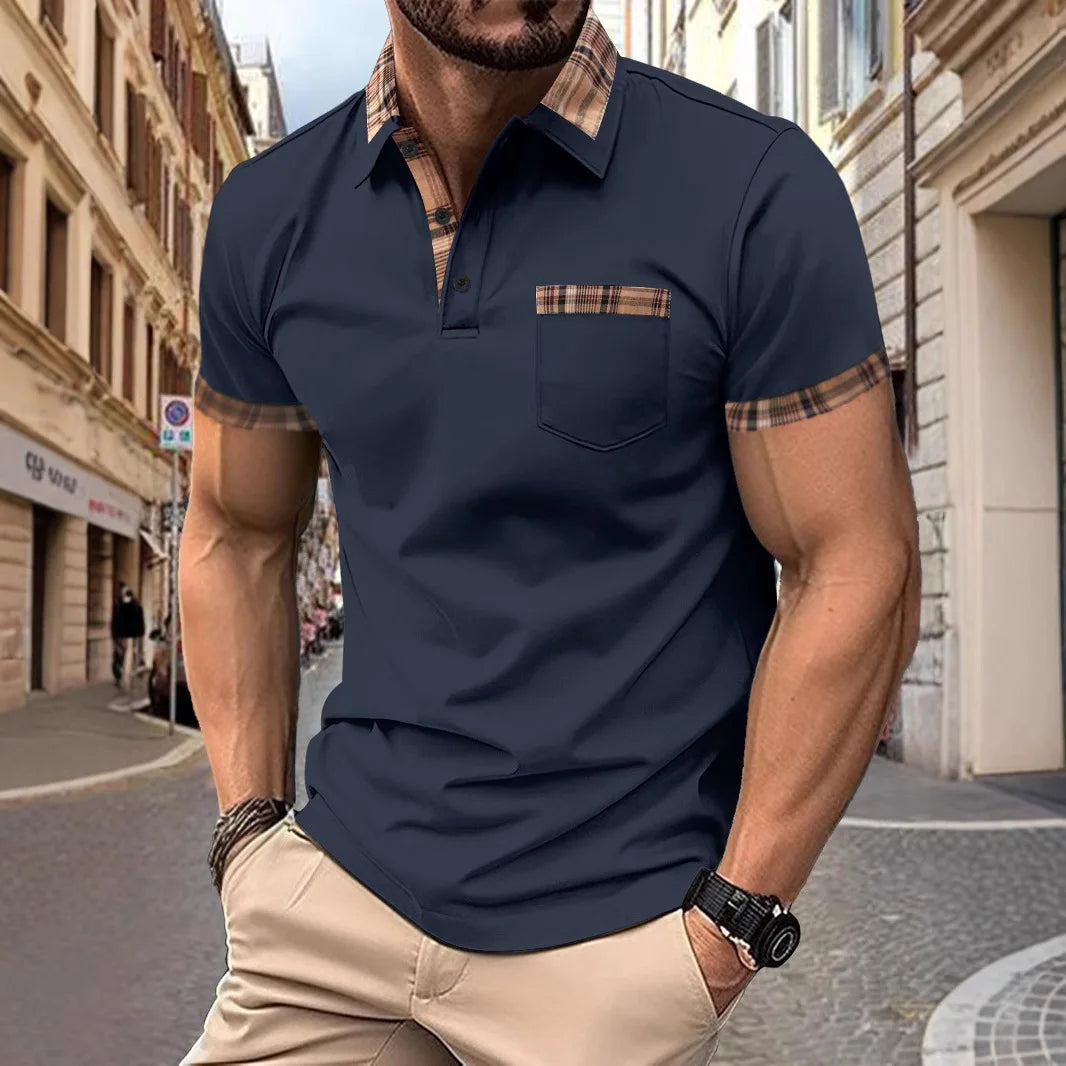 Camisa polo masculina, top esportiva, casual, confortável, de verão, manga curta, com retalhos, de cor sólida, e bolsos falsos