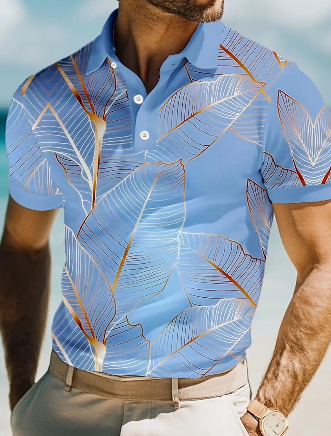 Camisa polo masculina com estampa 3D de folhas, manga curta, camisas com gola, resort casual, escola, uso diário ao ar livre, roupa de férias