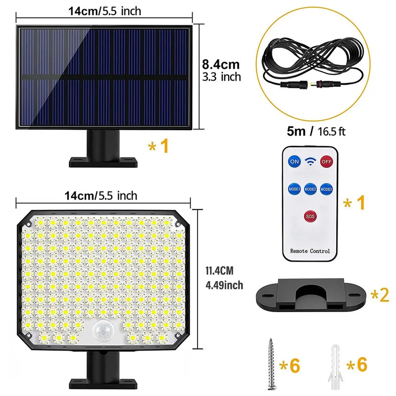 Luz Solar Externa 118LED com Sensor de Movimento Controle Remoto IP65 À Prova D'Água para Luz de Parede de Segurança de Garagem e Pátio