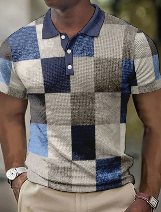 Camisa polo masculina lapela polo botão camisa cor bloco xadrez padrão 3d impresso manguito ao ar livre rua de manga curta roupas impressas