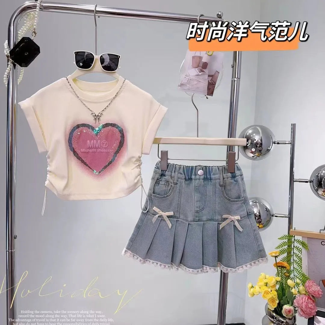 Conjunto infantil de 2 peças para meninas,  saia plissada e camiseta de manga curta com estampa
