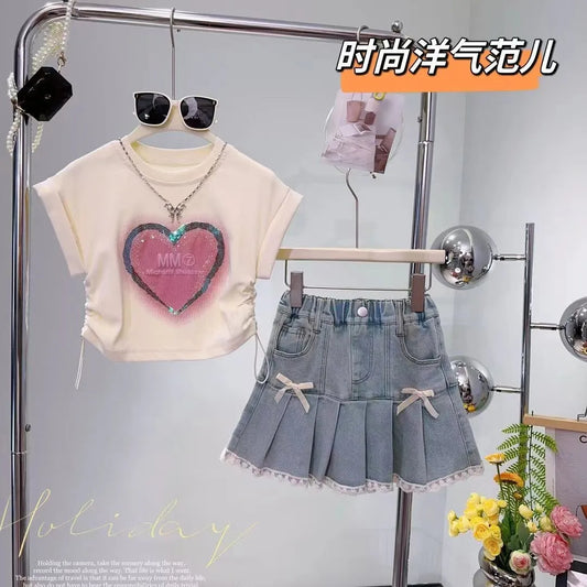 Conjunto infantil de 2 peças para meninas,  saia plissada e camiseta de manga curta com estampa
