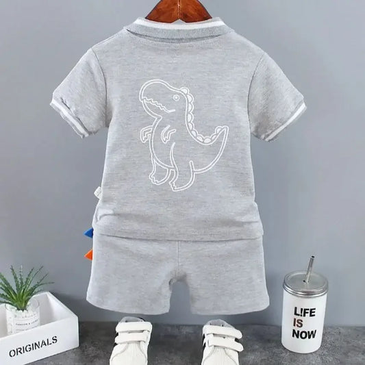 Conjunto infantil bebê menino, roupas de verão, casual, esporte, terno camisa polo + shorts 2 pçs, dinossauro impressão