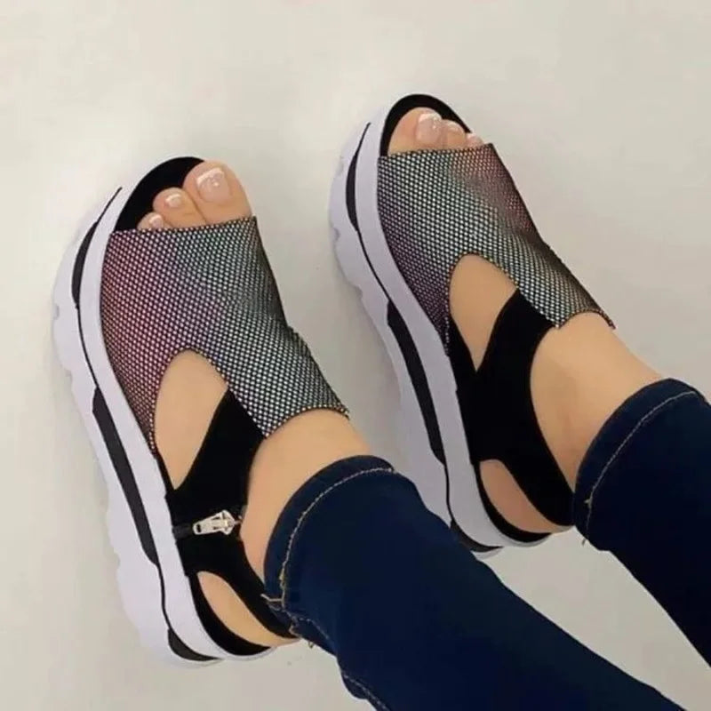 Sandálias Tamanho 43 Peep Toe Sapatos de Plataforma Cunha Sandálias Femininas 2023 Verão Moda Aumento de Altura Casual Praia Senhoras