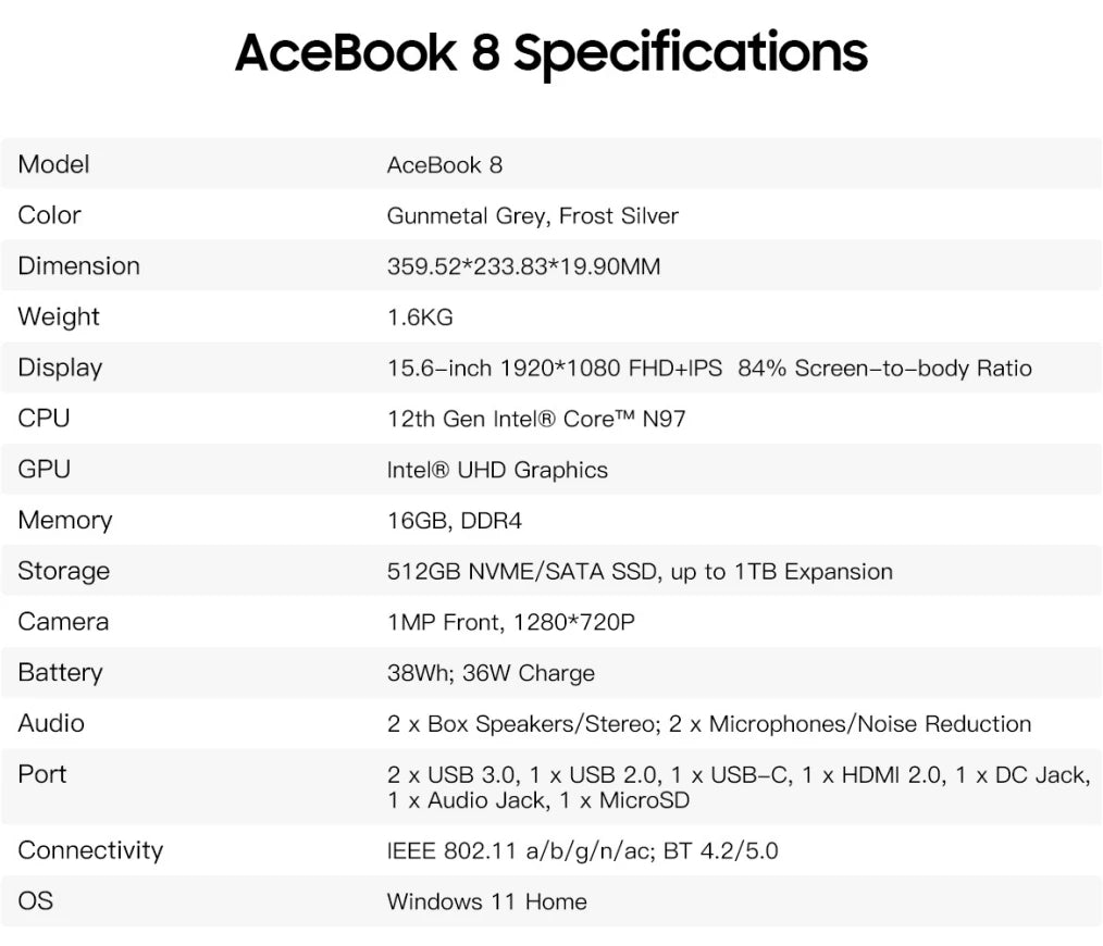 Notebook ACEBOOK 8, CPU 12ª Geração, N97, 120Hz, 15,6", 15,6", 12ª Geração, 16GB RAM, 512GB ROM, 2025