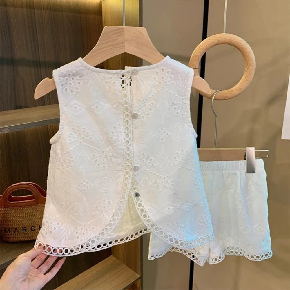 Conjunto infantil de bebê menina, de 2 peças, verão, oco, rendas, colete + shorts, único sem mangas, casual, cor sólida