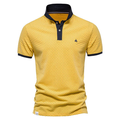 Camisa polo masculina lapela onda ponto manga curta geométrica decoração de metal