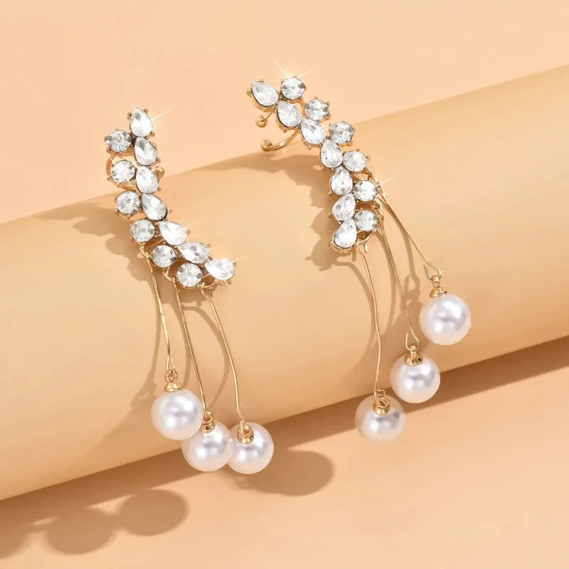 Brincos feminino de cristal, longos borla, forma de gota, elegante, espumante, imitação de pérola em pingente