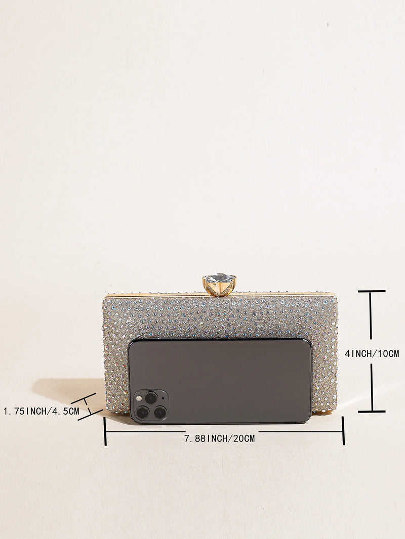 Bolsa de mão feminina clássica elegante com strass quadrada e decoração para noite, carteira de jantar com clipe