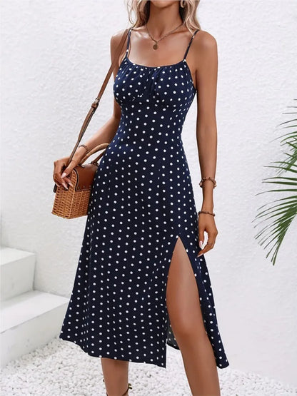 Vestido de Verão, Sexy, Com Alças Finas, Moda Feminina, Estampa de Bolinhas, Sem Mangas, Fenda, Boho, Casual, Midi