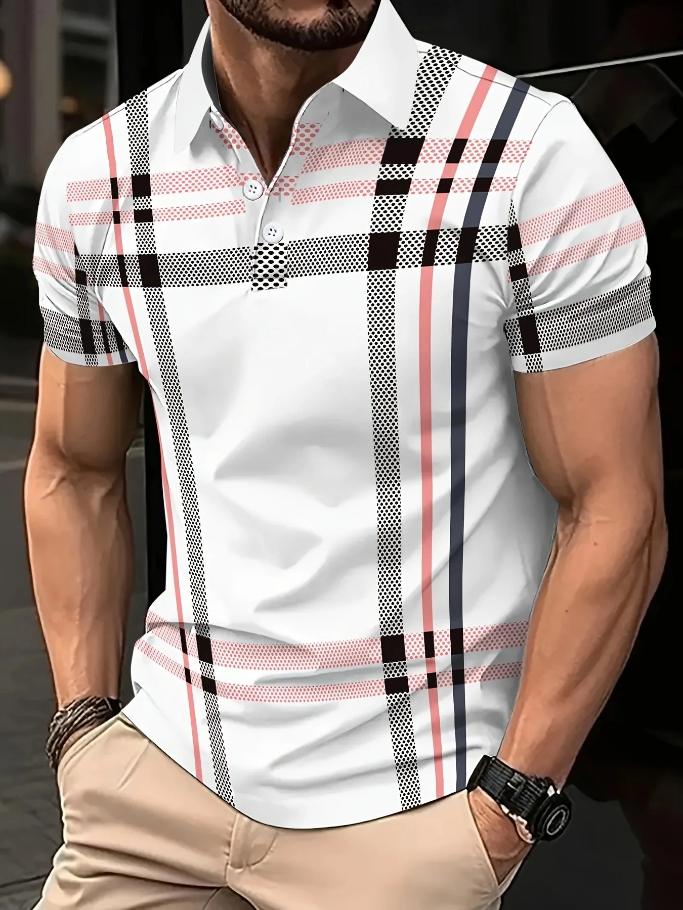 Camisa masculina esportiva listrada, de verão, moda manga curta, camisa polo com gola, casual, tops streetwear