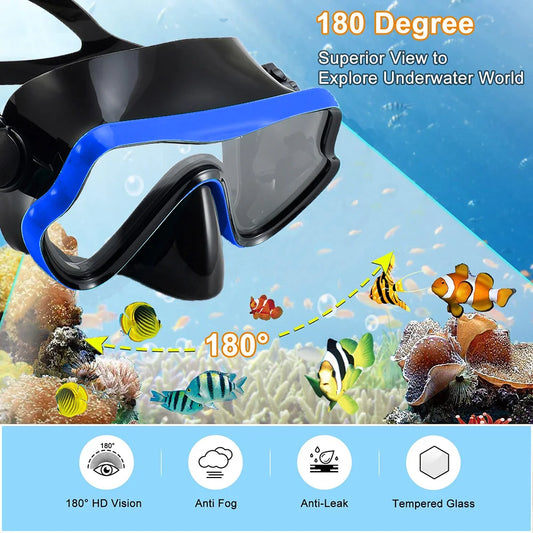 Conjunto snorkel, máscara fin para adulto, vista panorâmica, máscara ajustável, mergulho flipper seco superior, snorkel com saco de viagem