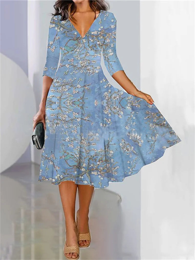 Elegante vestido feminino, manga de três quartos, casual, de chiffon, com decote em v, primavera outono