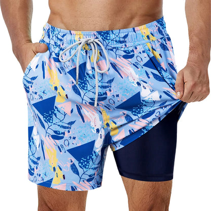 Shorts de banho masculino com forro de compressão stretch 2 em 1 de secagem rápida para corrida e academia