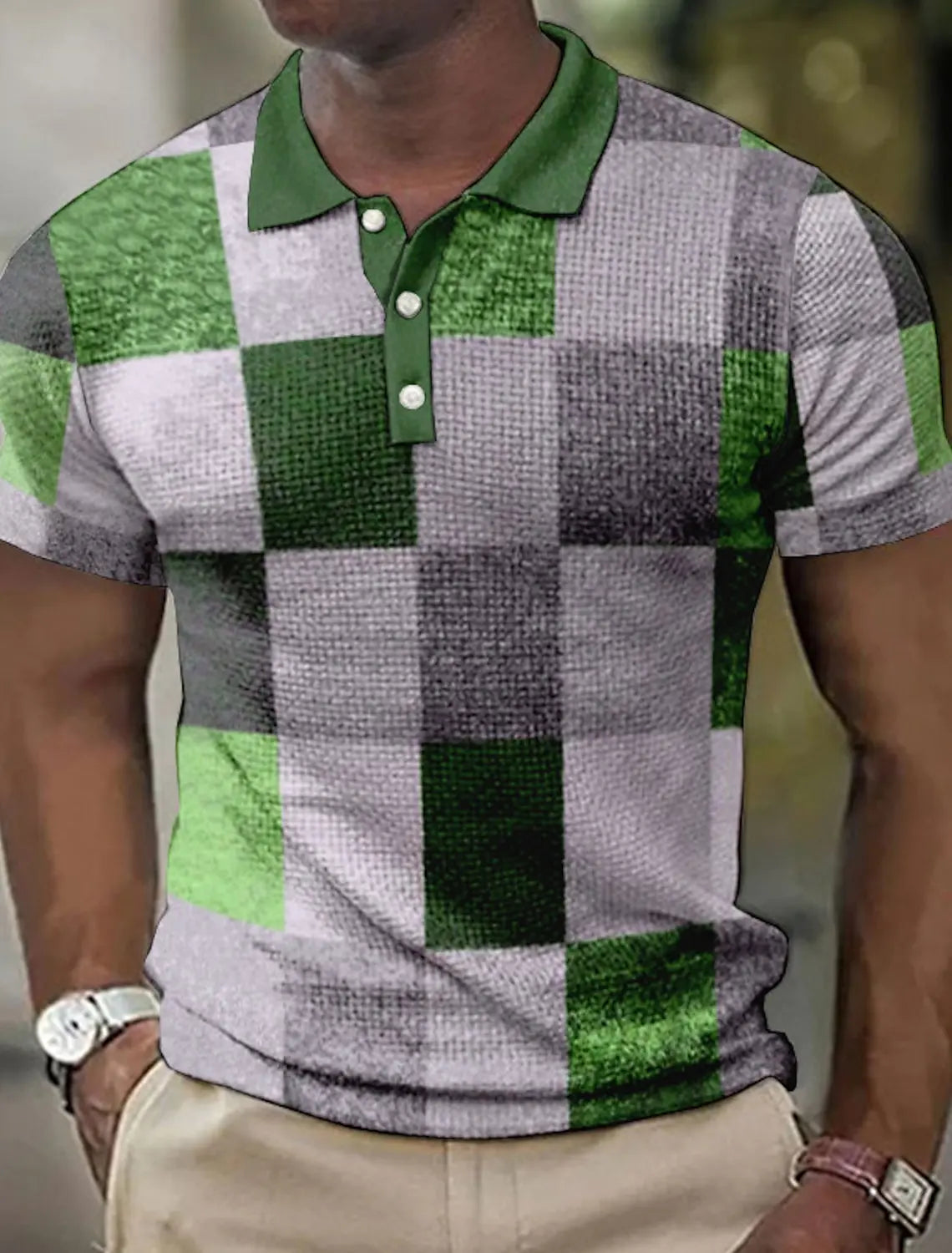 Camisa polo masculina lapela polo botão camisa cor bloco xadrez padrão 3d impresso manguito ao ar livre rua de manga curta roupas impressas