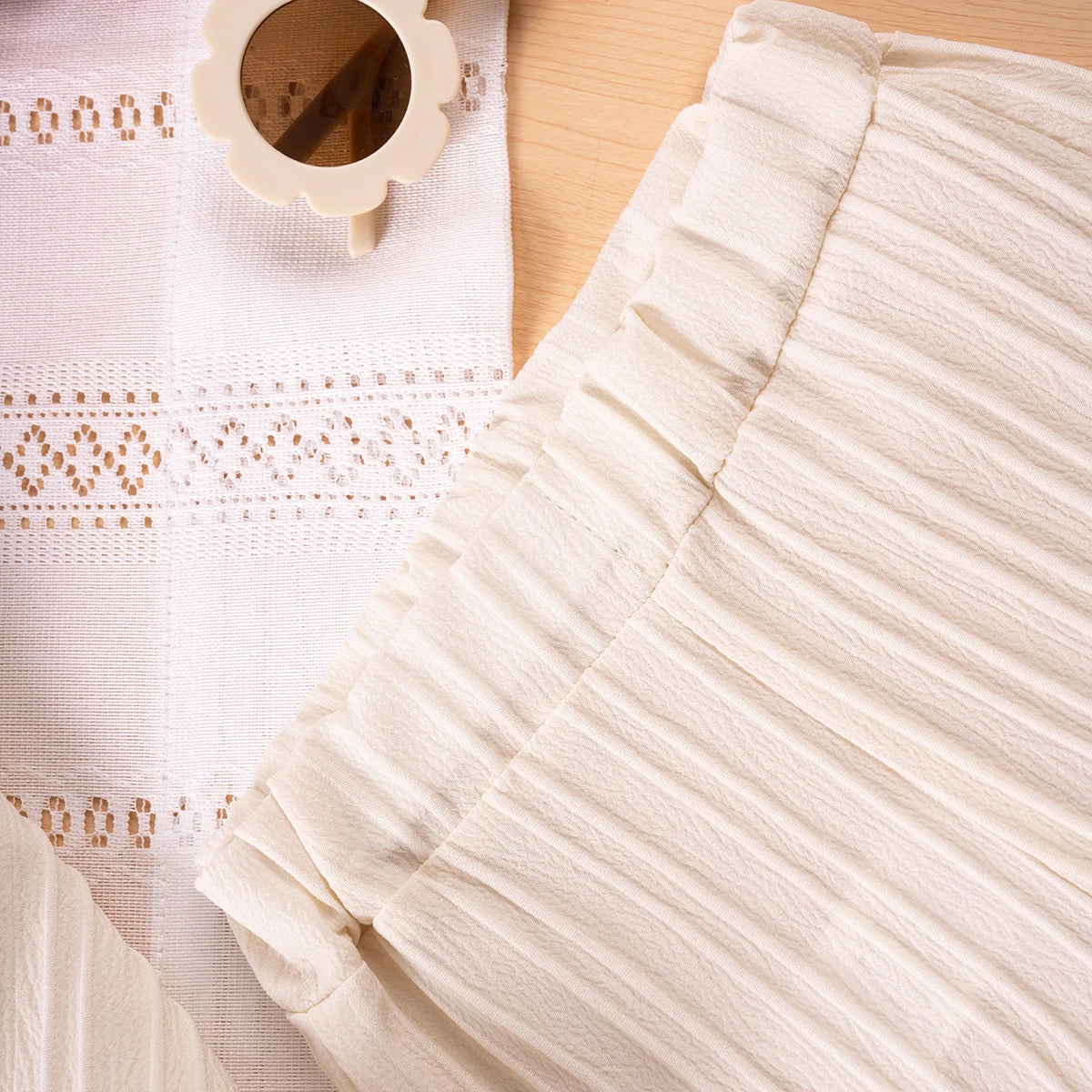 Conjunto infantil de menina, moda de verão, sem mangas com babados, regata e shorts cor sólida, duas peças