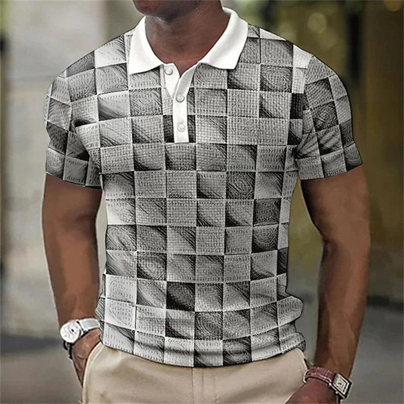Camisa polo masculina, com botão, Impressão 3d geometria xadrez gráfico, verão, manga curta