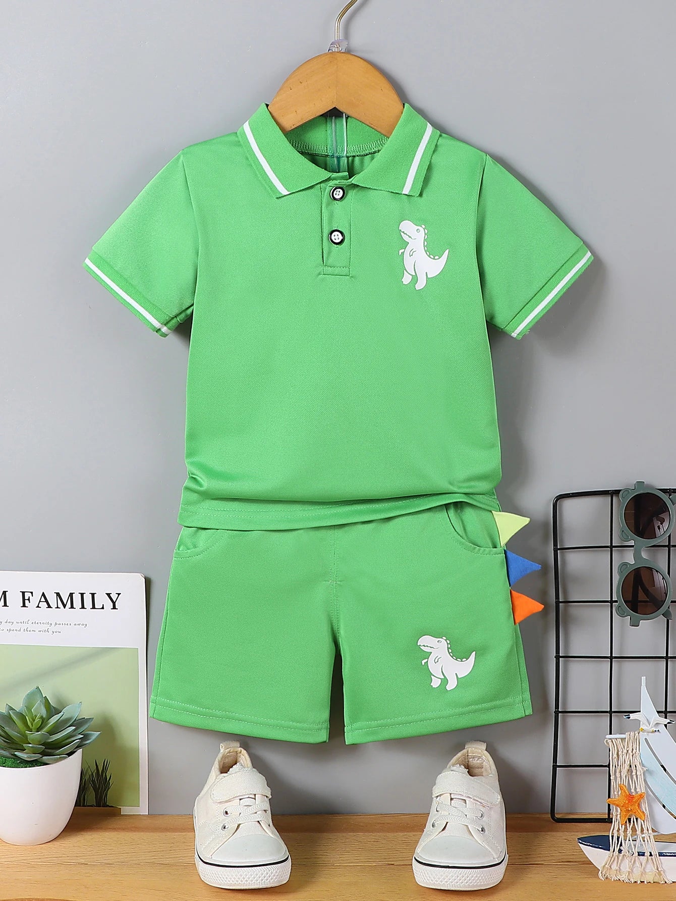 Conjunto infantil bebê menino, roupas de verão, casual, esporte, terno camisa polo + shorts 2 pçs, dinossauro impressão