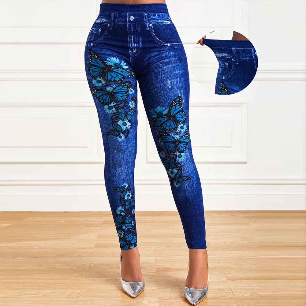 Calças de grandes dimensões femininas cintura alta elástico legging denim olhar magro jeggings senhoras moda impressão lápis