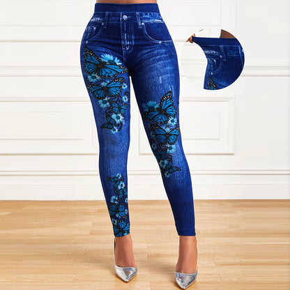 Calças de grandes dimensões femininas cintura alta elástico legging denim olhar magro jeggings senhoras moda impressão lápis