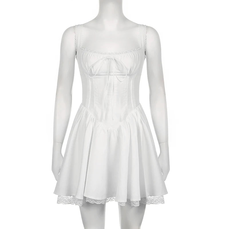 Vestidos de alta qualidade painel de renda uma linha vestido branco coquetel festa férias sem mangas mini espartilho vestidos elegante doce robe novo