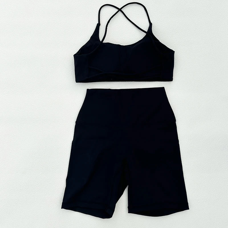 Conjunto feminino de yoga, ternos esportivos de fitness, shorts e tops, sem costura