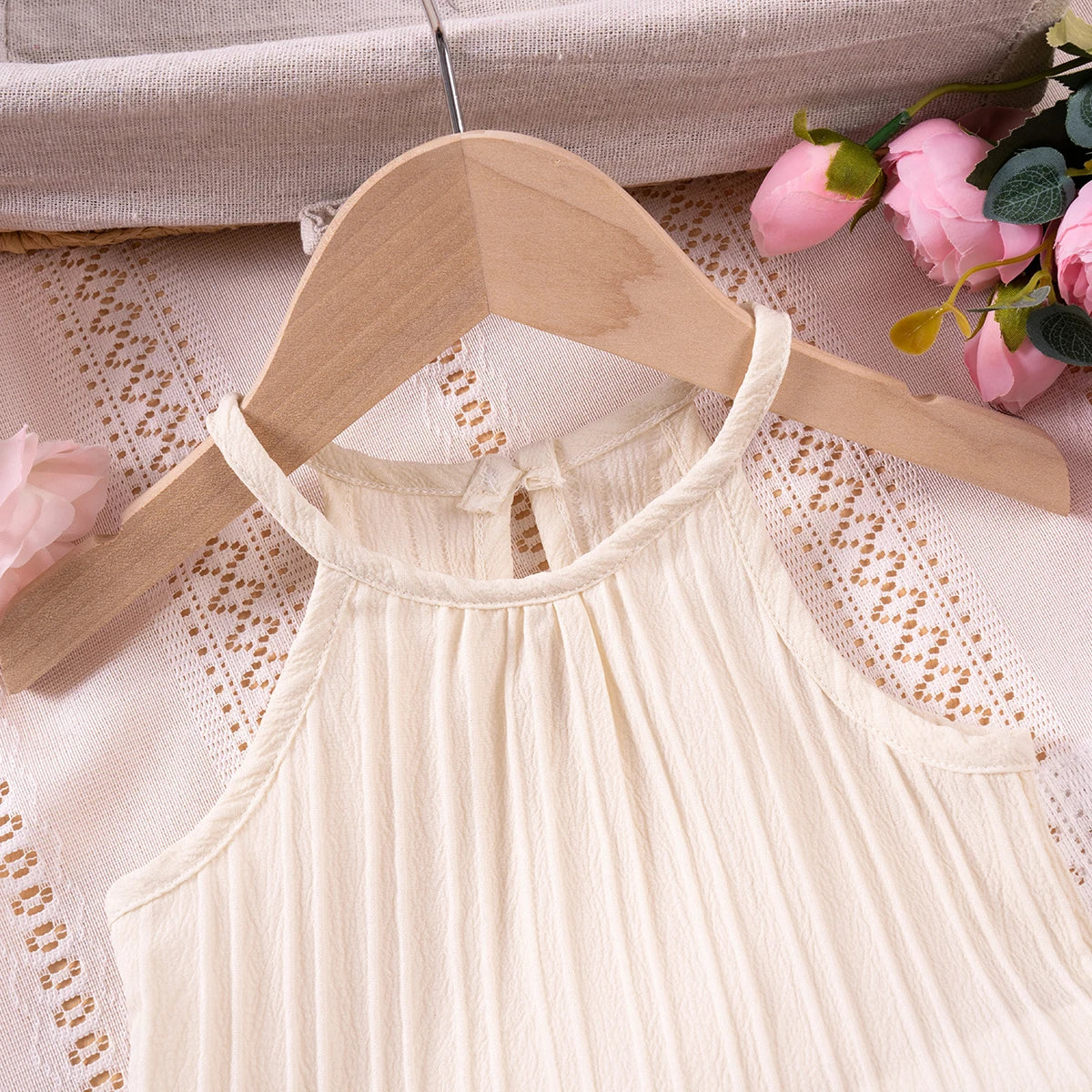 Conjunto infantil de menina, moda de verão, sem mangas com babados, regata e shorts cor sólida, duas peças