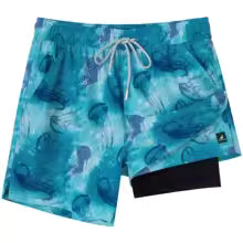 Calção de banho masculino com forro de compressão, elástico, 2 em 1, para corrida, academia, secagem rápida e praia, com bolsos.