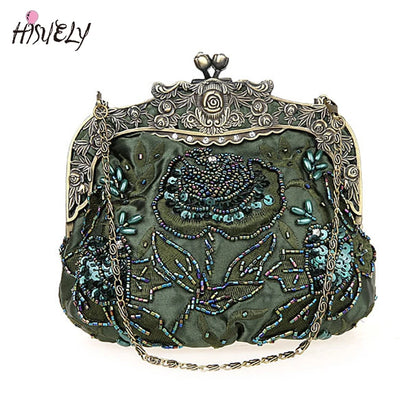 Bolsa Feminina Bordada, VINTAGE, Bolsa de Mão Com Miçangas, Lantejoulas e Diamantes, Bolsa de Noiva