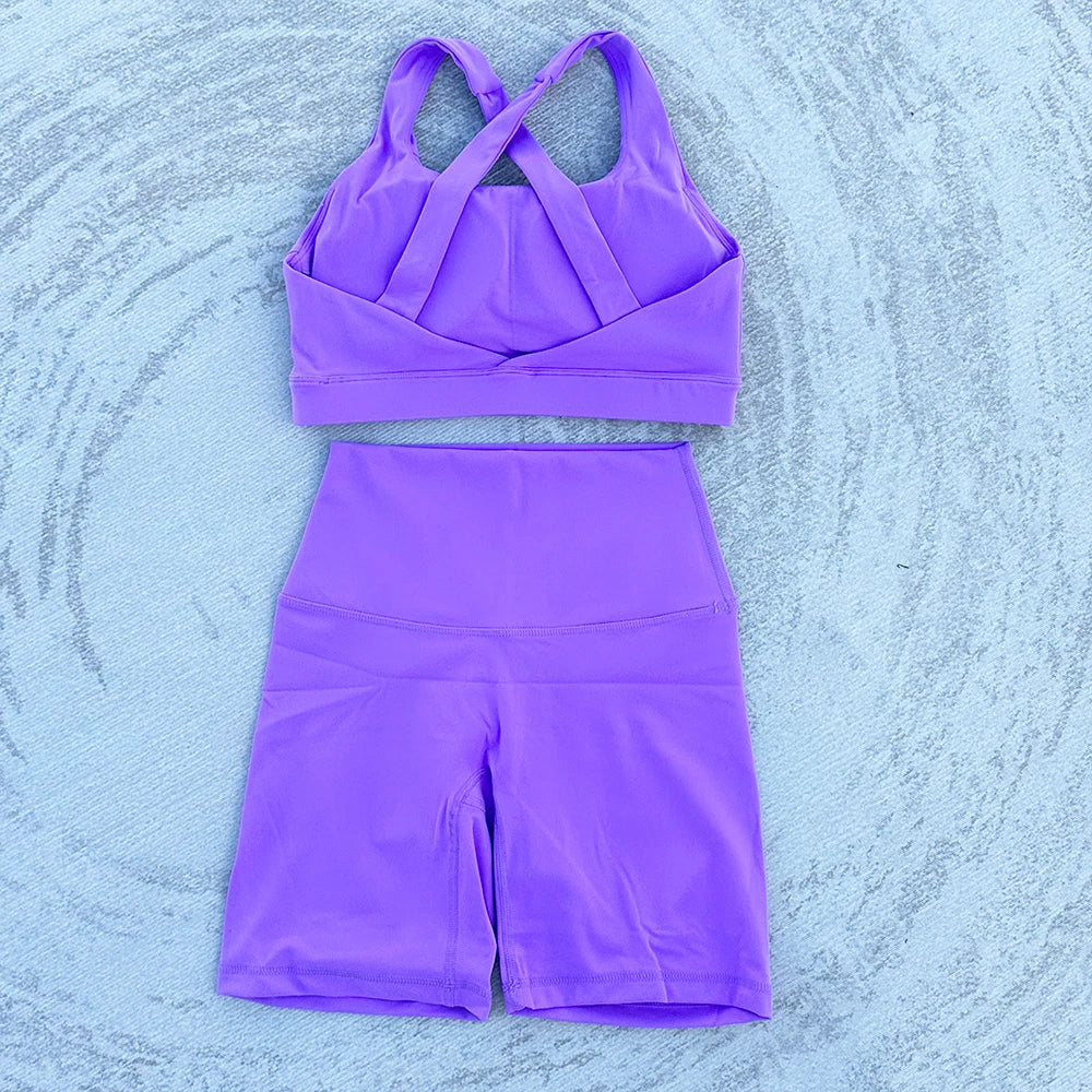 Conjunto feminino de yoga, 2 pçs, esporte, terno,sutiã e shorts, cintura alta, fitness