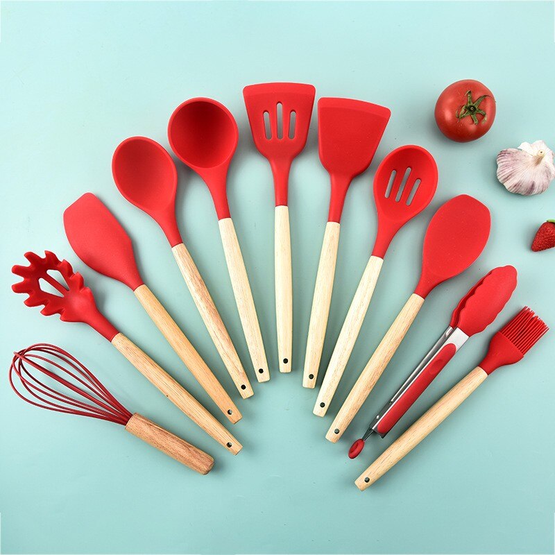 Utensílios de cozinha de silicone com cabo de madeira 12 peças com balde de armazenamento resistente a altas temperaturas e panela antiaderente espátula e colher O Badalo do sino