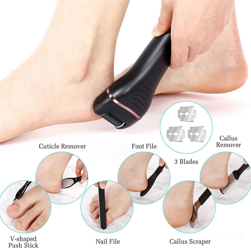 Removedor elétrico de calo do pé, Máquina de pedicure profissional Recarregável, Salto impermeável, Purificador de pele morta, 3 cabeças