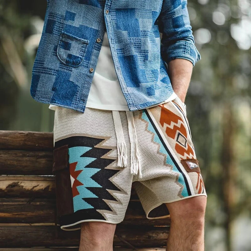 Shorts de malha masculinos, retrô, com bordado, combinando cores, cinco pontos, calça de verão, solta, casual, cintura elástica