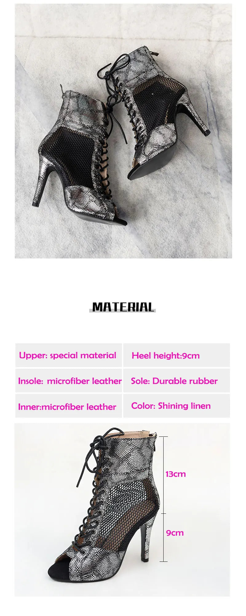Botas de tornozelo feminina de salto alto latino, interior rendas, dança, jazz, boca de peixe, zíper lateral