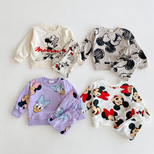 Conjunto infantil de menina, 2 peças, impressão dos desenhos animados, minnie, manga longa, moletom + calças