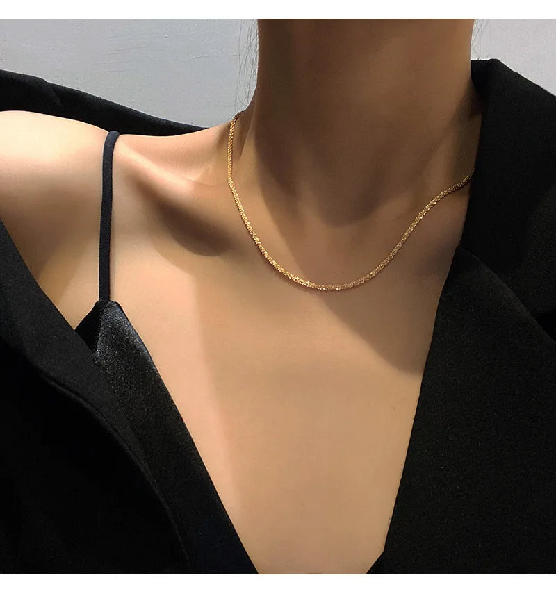 Colar feminino, cor ouro cintilante, aço titanium, corrente e gargantilha, joia fina coreana