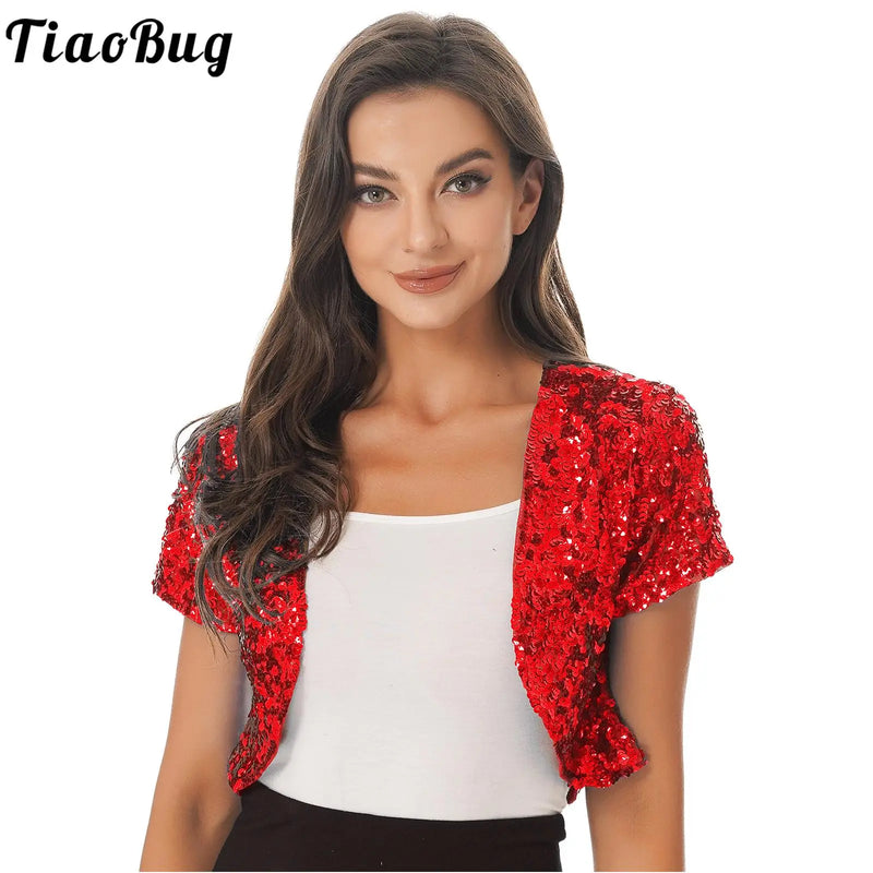 Cardigan feminino retro manga curta casaco cortado brilhante lantejoulas bolero encolher jaqueta glitter colete desempenho de palco outwear