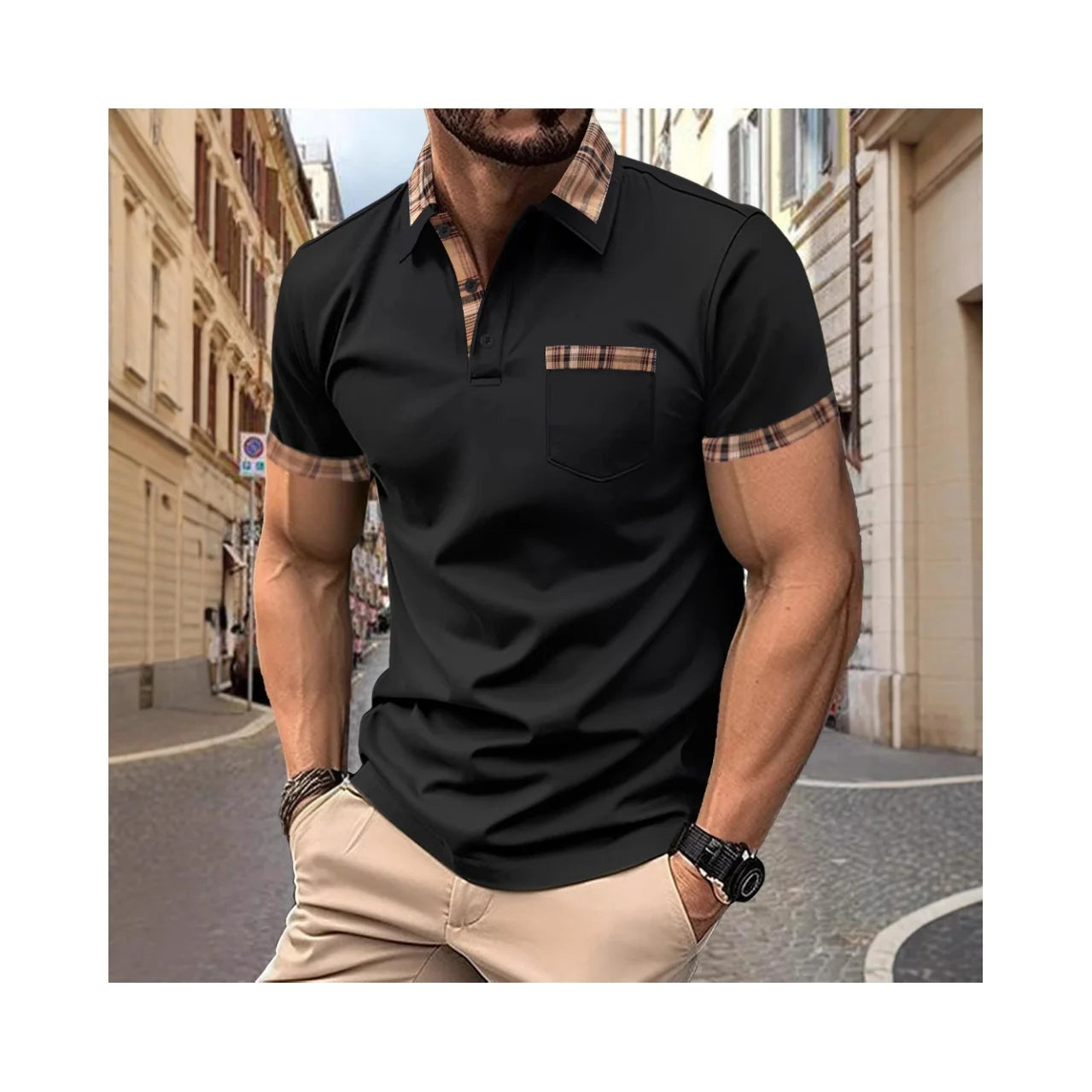Camisa polo masculina, top esportiva, casual, confortável, de verão, manga curta, com retalhos, de cor sólida, e bolsos falsos