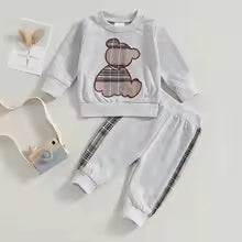 Conjunto de Roupa Infantil para Meninos - Outono - Blusa de Moletom com Bordado de Ursinho e Calça com Elástico na Cintura - 2 Peças