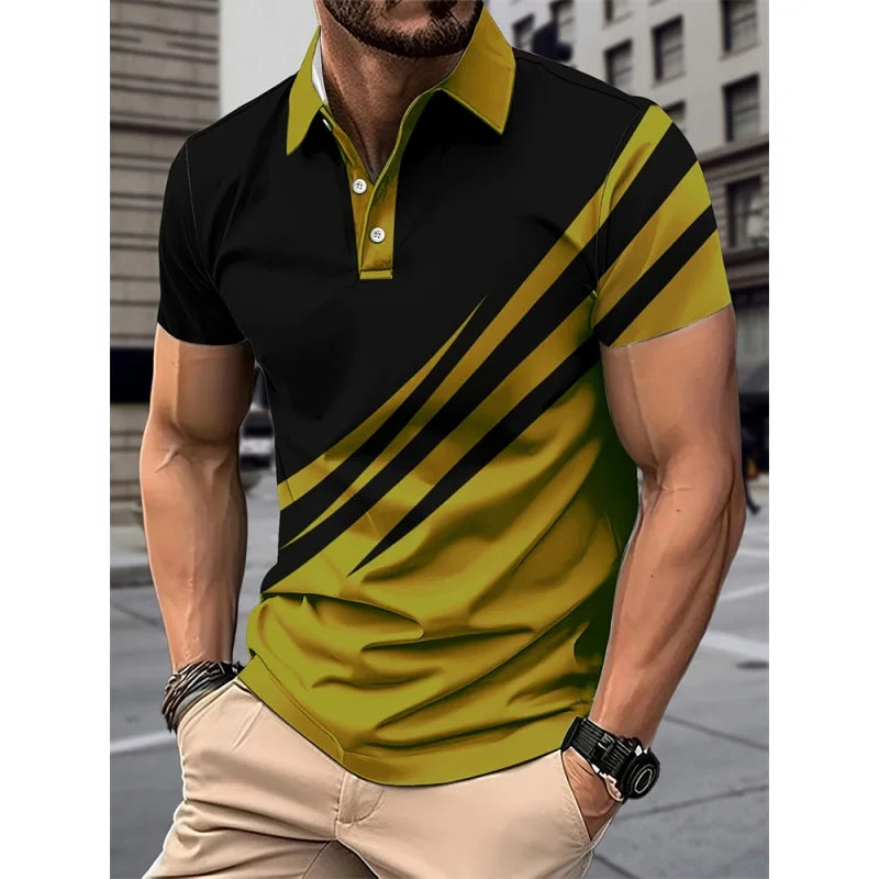 Camisa polo masculina, padrão geométrico colorido, impressão 3D, manga curta, verão, casual, lapela, tops grandes dimensões