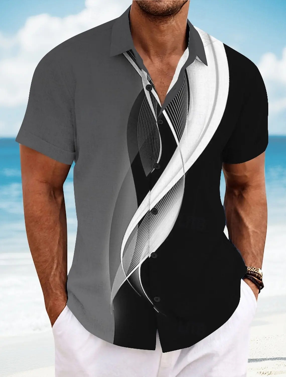 Camisa masculina, estampa geométrica arte abstrata, camisas de manga curta, linha tops casuais, botão acima